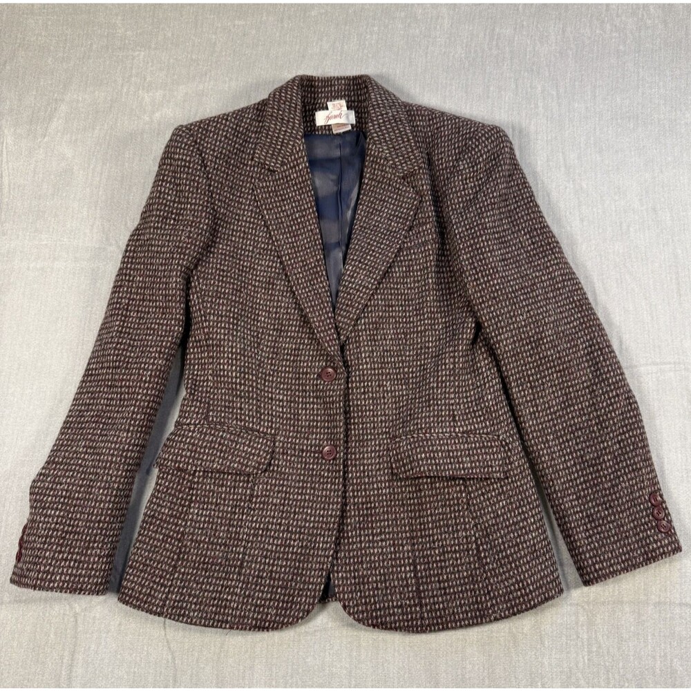 Vtg 80s Farah Ladies 100% Shetland Wool Blazer Dark Academia Burgundy Check sz 8
